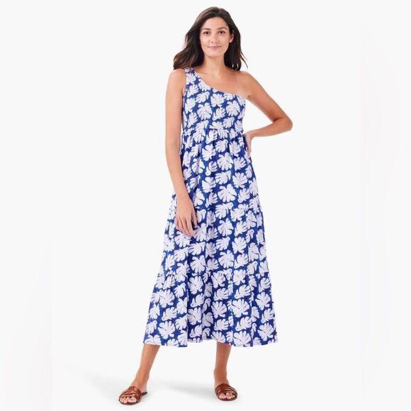 NZT NIC & ZOE Blue & White Shadow Palm One-Shoulder Smocked Dress Sz. Medium NEW - Picture 15 of 15